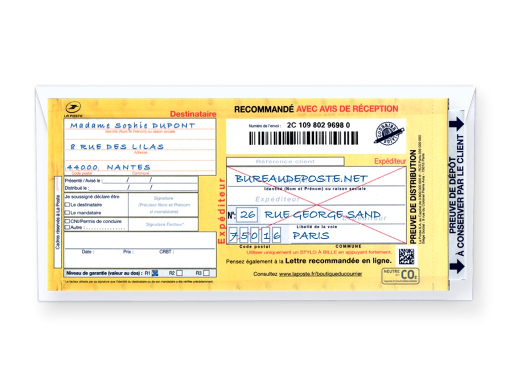 Enveloppe DL avec recommandé postal manuel SGR2 et timbre d'affranchissement