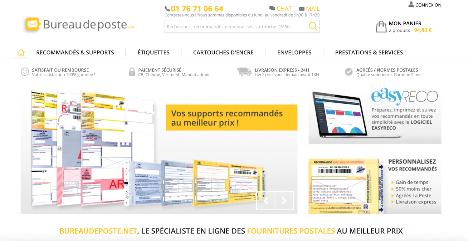 Site Bureaudeposte.net, spécialiste des fournitures postales agréées La Poste