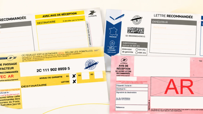 Feuillets d un bordereau de recommandé LRSD : étiquettes avec et sans AR, avis de passage et avis de réception
